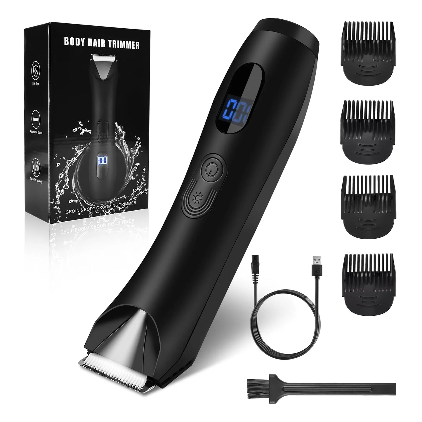 Body Hair Trimmer for Men, Mens Body Groomer, Electric Pubic/Balls/Groin/Beard Trimmer for Men (7Pcs Rechargeable, Skinsafe Ceramic Blade Heads, LCD Display, Waterproof Cordless Clippers