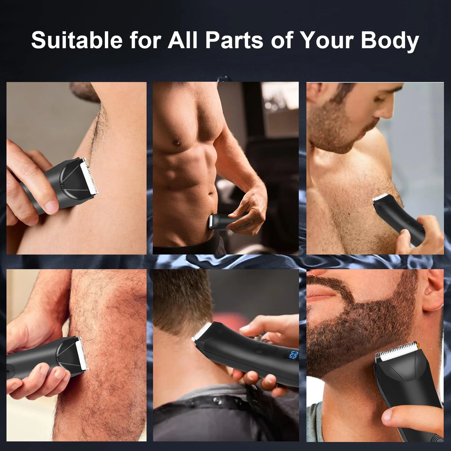 Body Hair Trimmer for Men, Mens Body Groomer, Electric Pubic/Balls/Groin/Beard Trimmer for Men (7Pcs Rechargeable, Skinsafe Ceramic Blade Heads, LCD Display, Waterproof Cordless Clippers