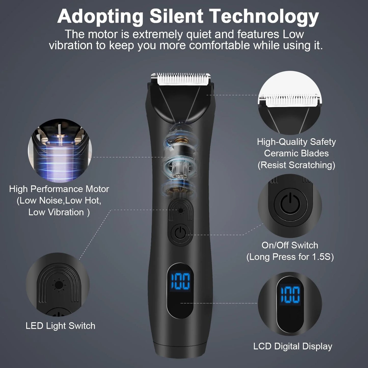 Body Hair Trimmer for Men, Mens Body Groomer, Electric Pubic/Balls/Groin/Beard Trimmer for Men (7Pcs Rechargeable, Skinsafe Ceramic Blade Heads, LCD Display, Waterproof Cordless Clippers