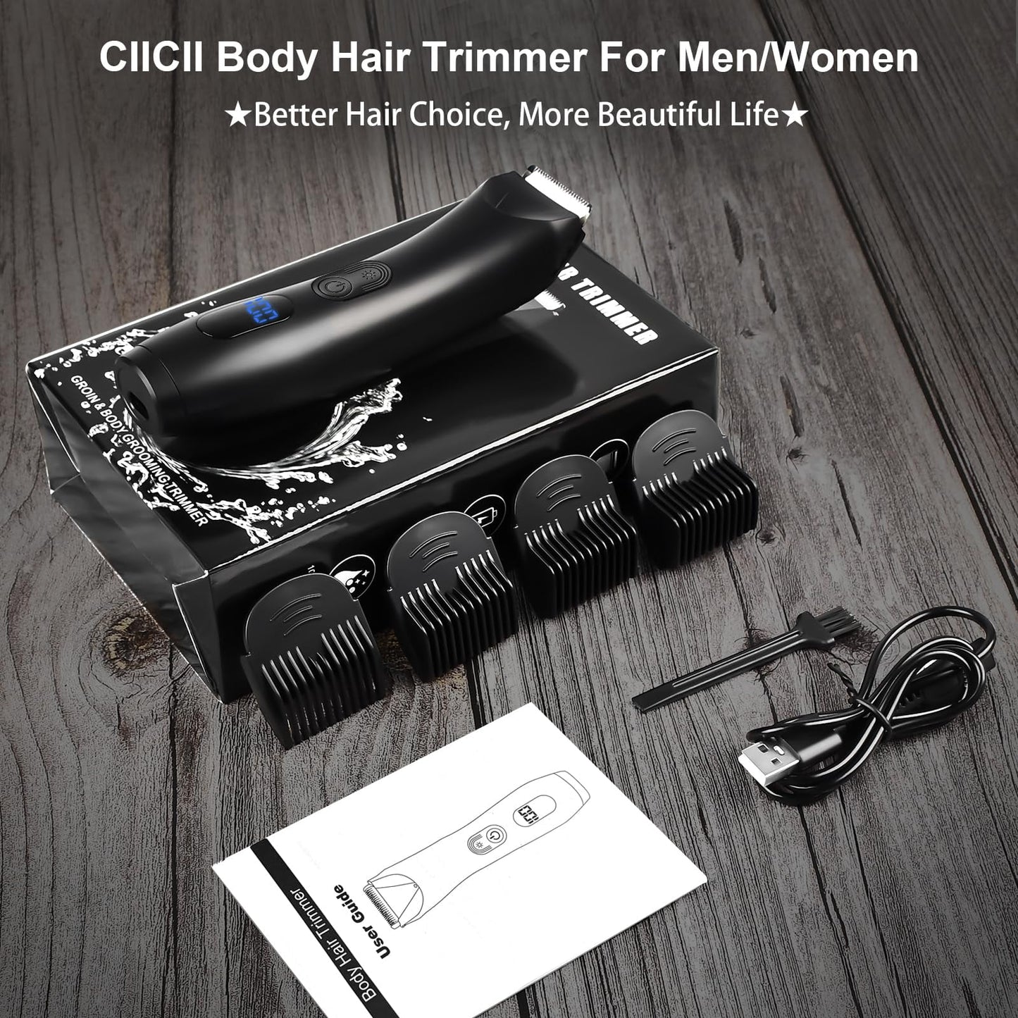Body Hair Trimmer for Men, Mens Body Groomer, Electric Pubic/Balls/Groin/Beard Trimmer for Men (7Pcs Rechargeable, Skinsafe Ceramic Blade Heads, LCD Display, Waterproof Cordless Clippers
