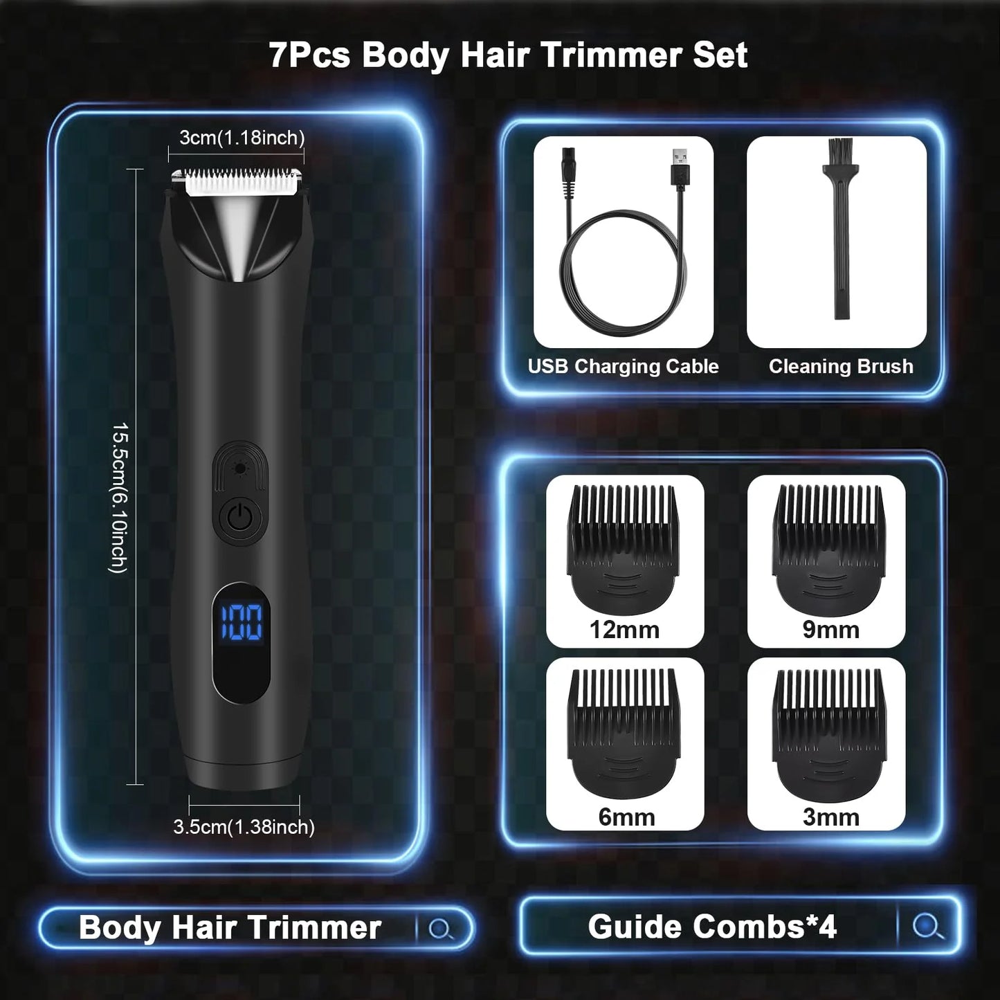 Body Hair Trimmer for Men, Mens Body Groomer, Electric Pubic/Balls/Groin/Beard Trimmer for Men (7Pcs Rechargeable, Skinsafe Ceramic Blade Heads, LCD Display, Waterproof Cordless Clippers