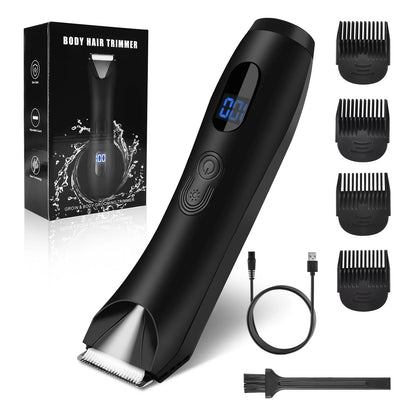 Body Hair Trimmer for Men, Mens Body Groomer, Electric Pubic/Balls/Groin/Beard Trimmer for Men (7Pcs Rechargeable, Skinsafe Ceramic Blade Heads, LCD Display, Waterproof Cordless Clippers