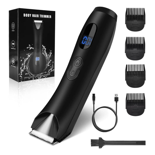 Body Hair Trimmer for Men, Mens Body Groomer, Electric Pubic/Balls/Groin/Beard Trimmer for Men (7Pcs Rechargeable, Skinsafe Ceramic Blade Heads, LCD Display, Waterproof Cordless Clippers