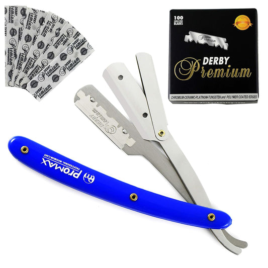 Care Professional Straight Edge Razor-Barber Razor with 100 Derby Blades-Close Shaving Men'S Manual Shaver Safety Stainless Steel with Blue Strong Handle-160-10050