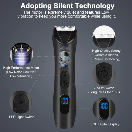 Body Hair Trimmer for Men, Mens Body Groomer, Electric Pubic/Balls/Groin/Beard Trimmer for Men (7Pcs Rechargeable, Skinsafe Ceramic Blade Heads, LCD Display, Waterproof Cordless Clippers