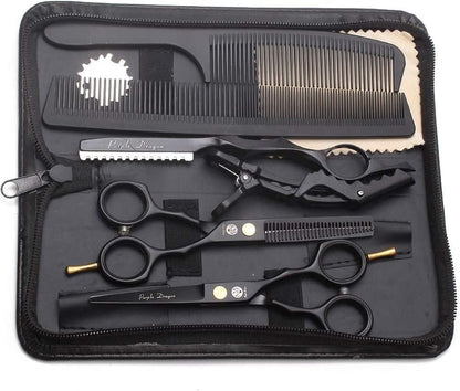 5.5 Inch Hair Cutting Scissors Set with Razor, Leather Scissors Case, Barber Hair Cutting Shears Hair Thinning/Texturizing Shears for Professional Hairdresser or Home Use (Black)