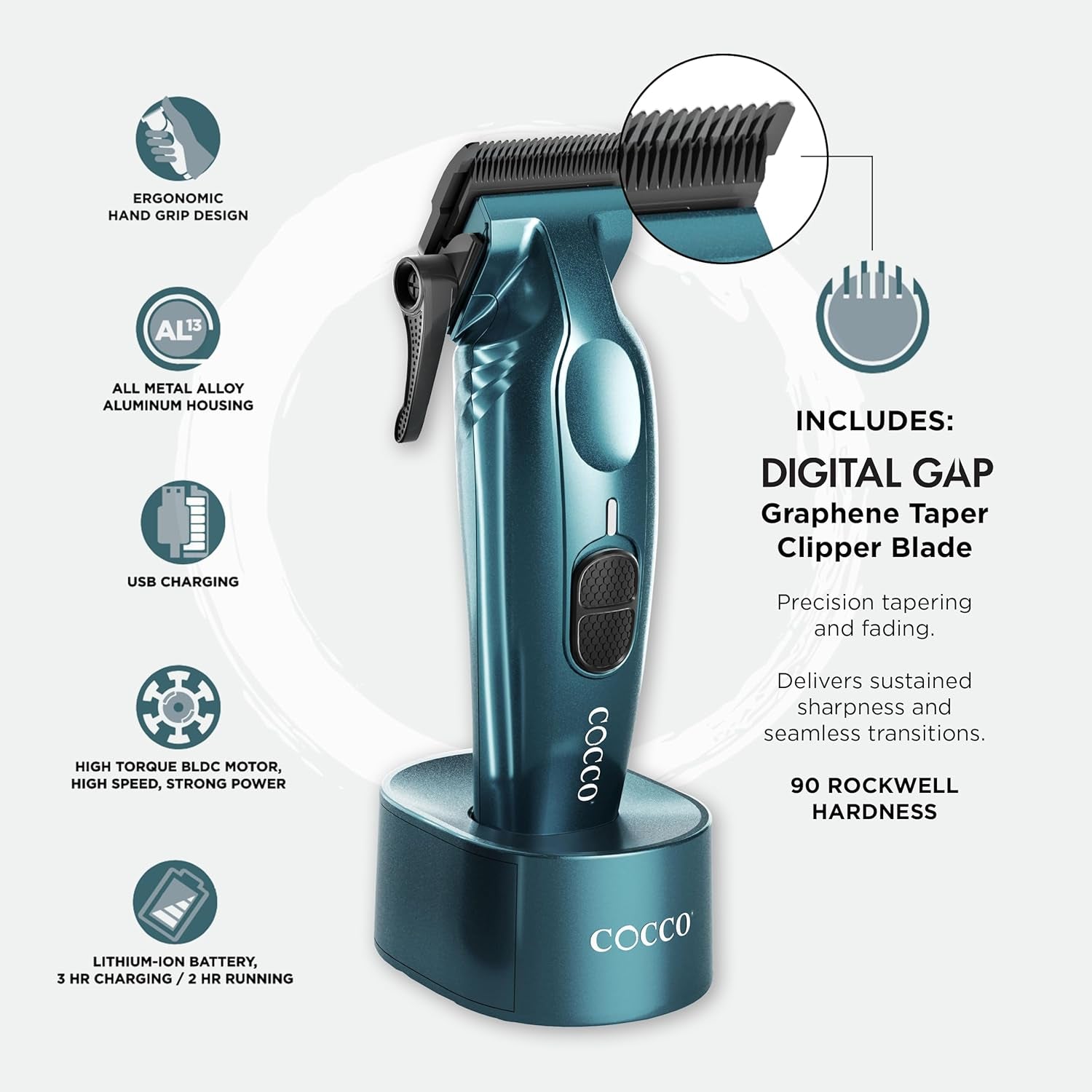 Hyper Veloce Pro Clipper, Digital Gap Ambassador Graphene Taper Blade Professional Hair Clippers, High-Torque BLDC Motor, All-Metal, Cordless, Charging Station Included