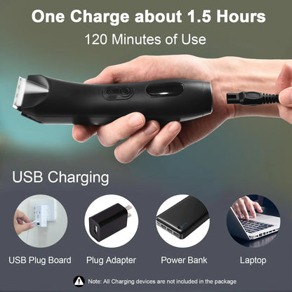 Body Hair Trimmer for Men, Mens Body Groomer, Electric Pubic/Balls/Groin/Beard Trimmer for Men (7Pcs Rechargeable, Skinsafe Ceramic Blade Heads, LCD Display, Waterproof Cordless Clippers